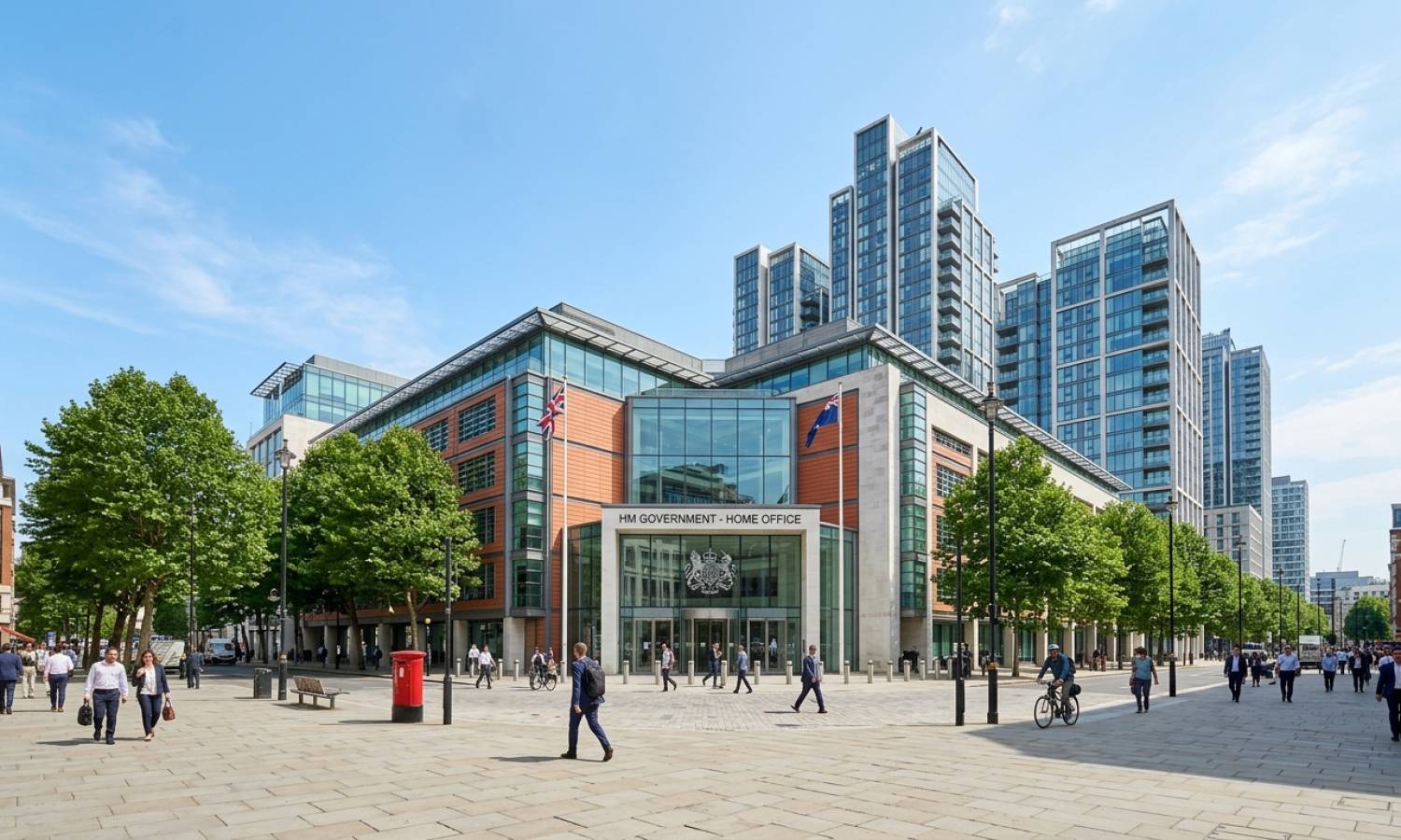A wide view of modern new build residential towers under a clear sky in London, with a pedestrian walkway and green landscaping in the foreground.