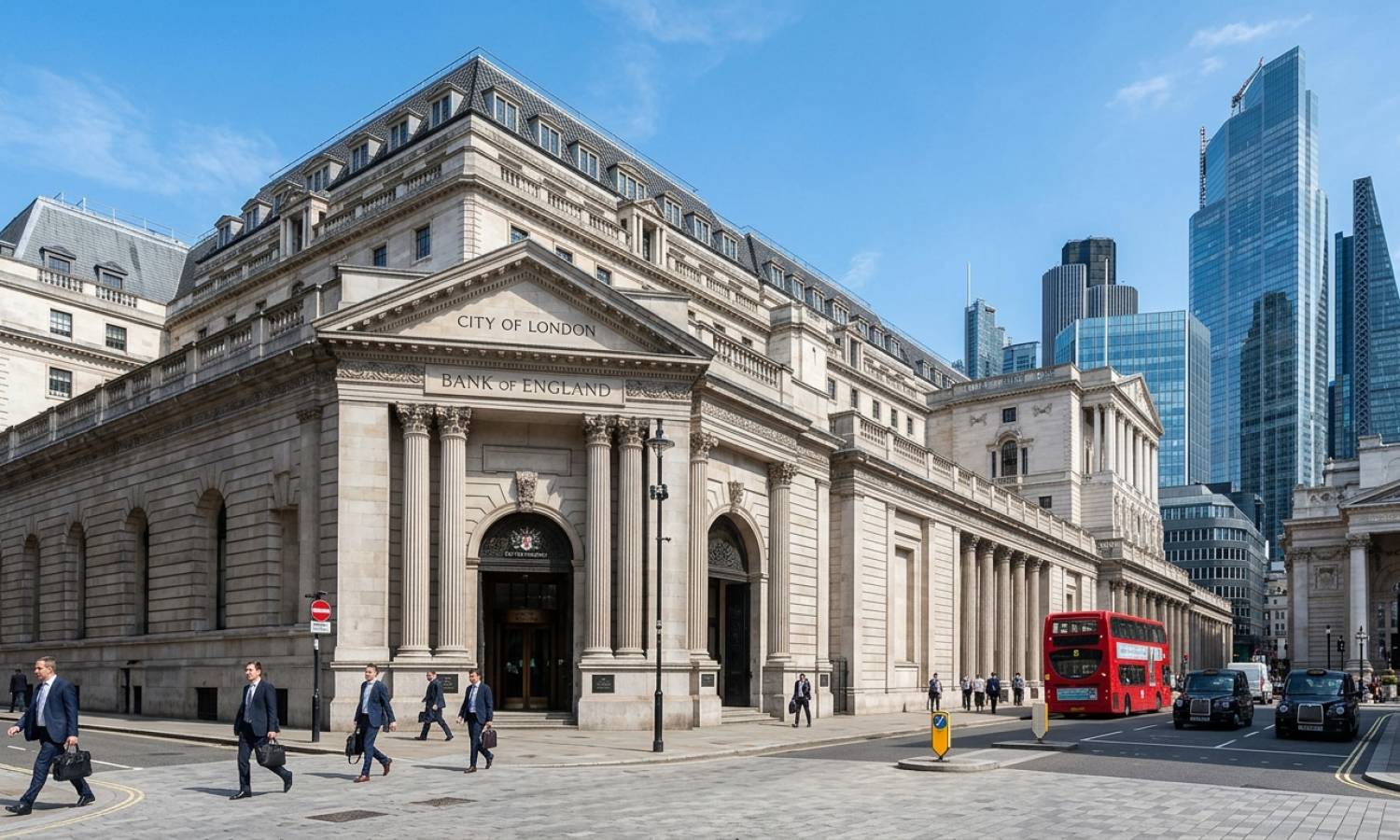A wide view of the Bank of England building on Threadneedle Street in the City of London on a clear day, with people walking past and modern office towers in the background.