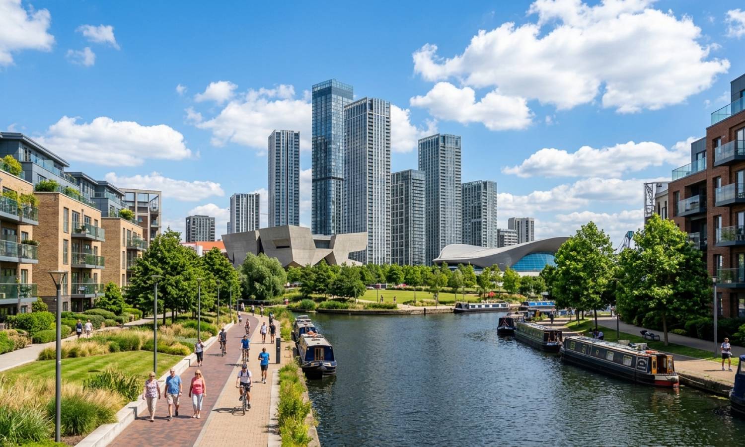 A photorealistic view of modern high-rise residential towers in Stratford next to the Queen Elizabeth Olympic Park waterways under a clear blue sky, daytime.