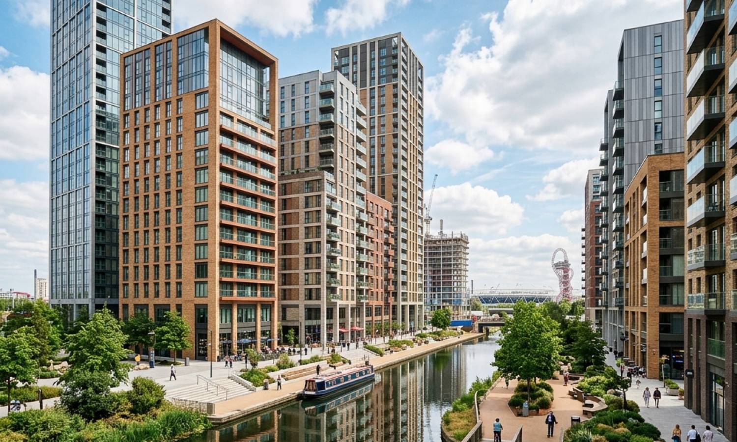 Modern high-rise residential buildings in East London regeneration zone