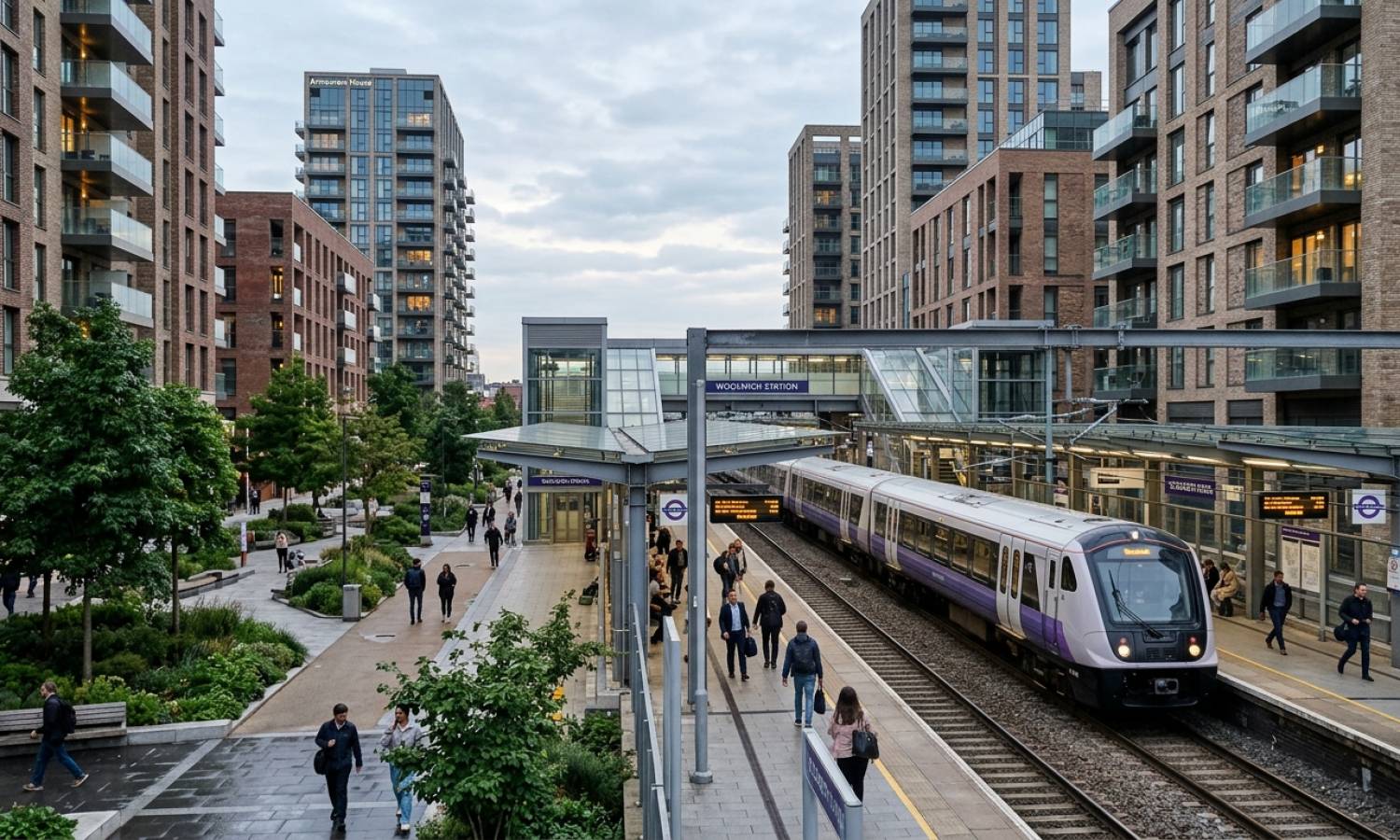 Modern Elizabeth line train arriving at an open-air station surrounded by new build residential apartment towers in London.