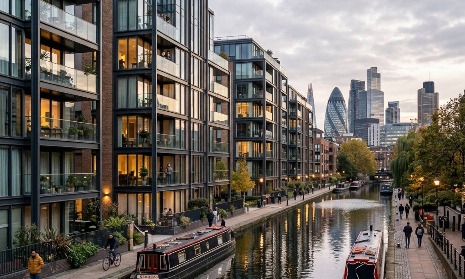 Modern residential towers on the water canal in London