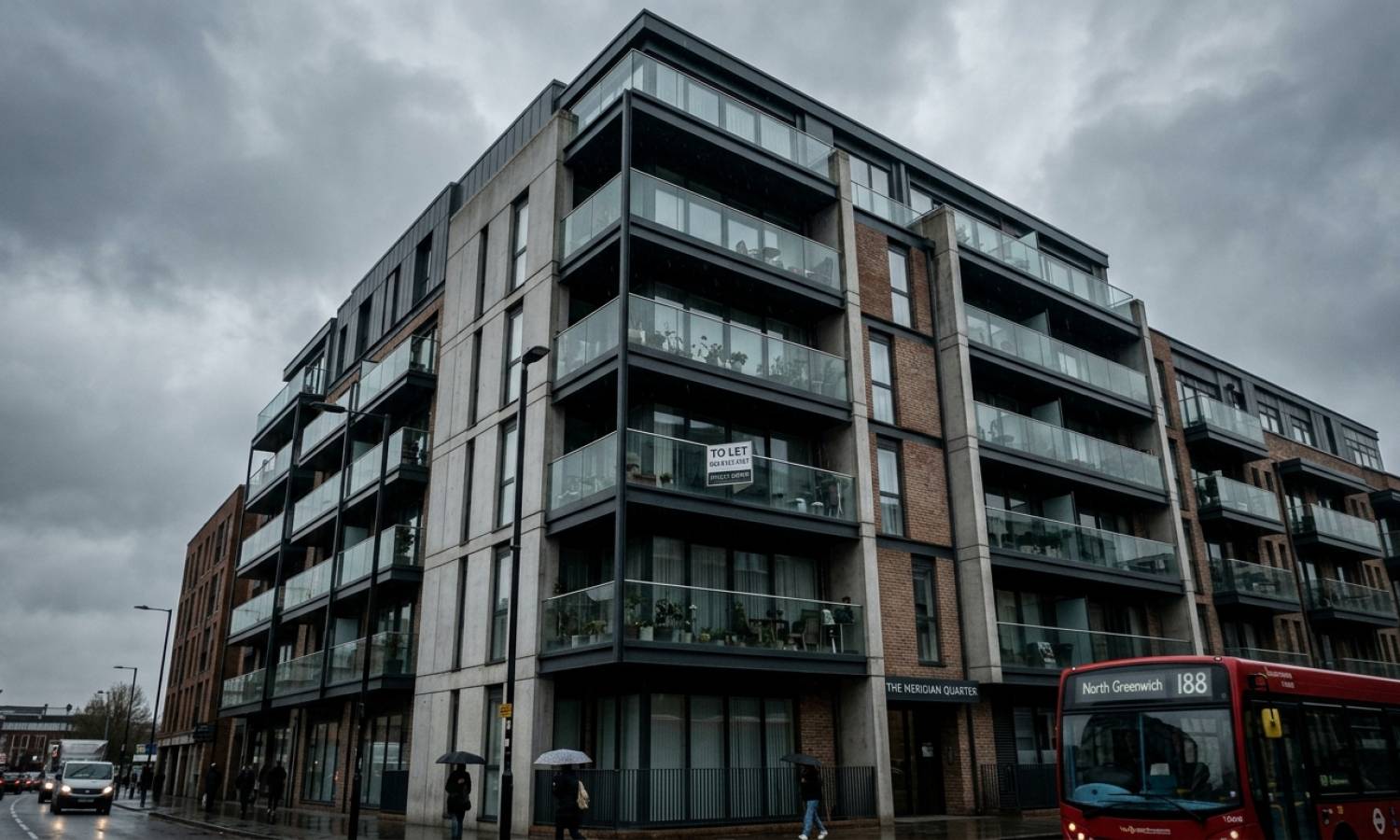 A modern London apartment block on an overcast day with a To Let sign, illustrating the record-high rental market in August 2026.