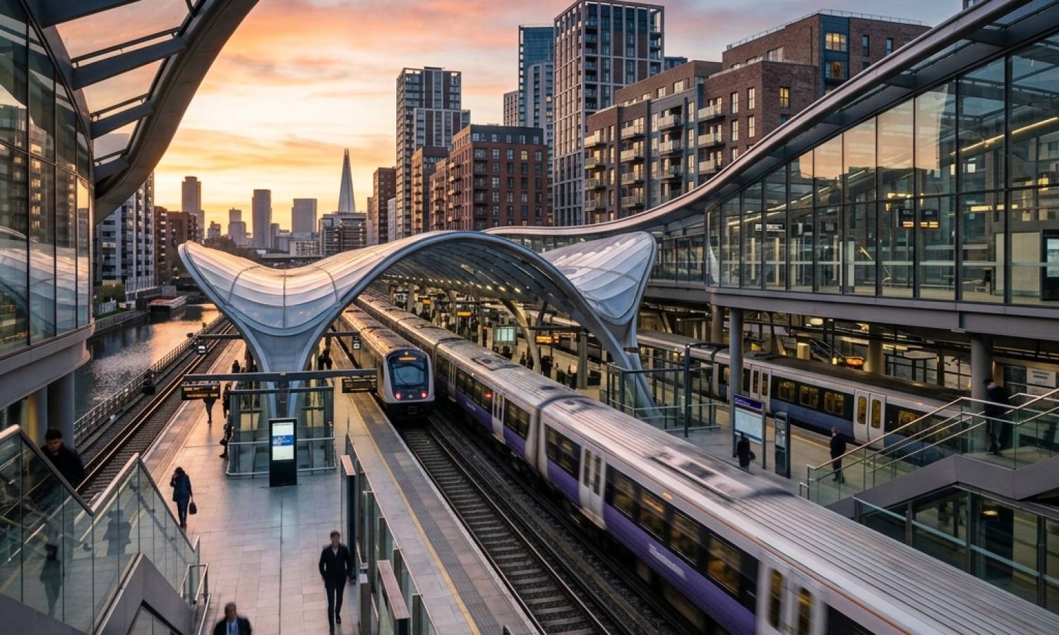 Modern transport super-hub in London with HS2 style architecture and new residential developments