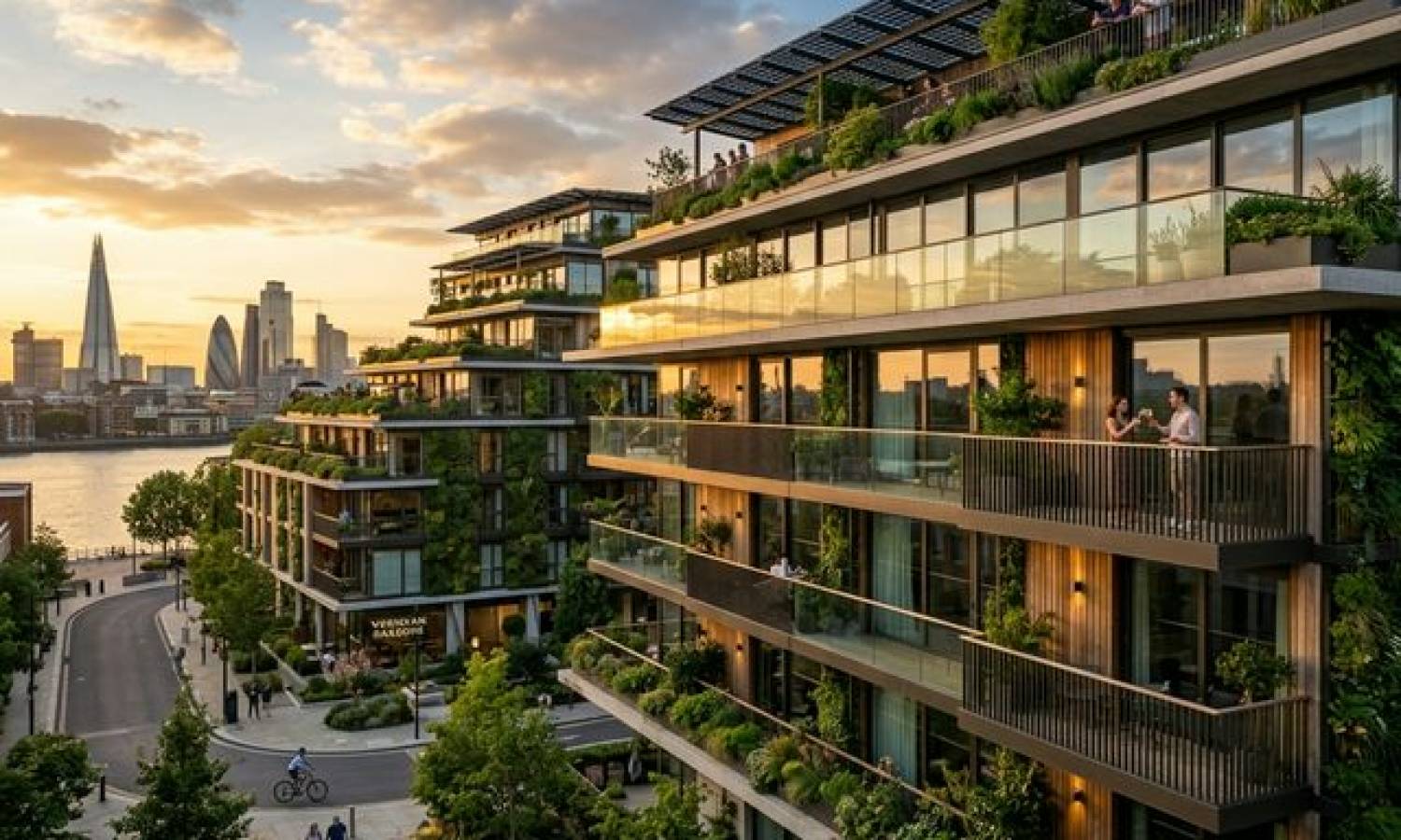 Modern eco-friendly new build development in London with green balconies and solar panels