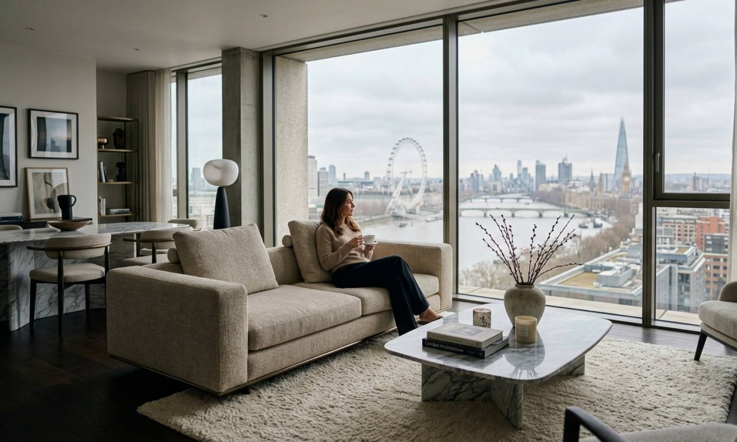 A luxurious London penthouse interior with views of the London skyline and the River Thames.