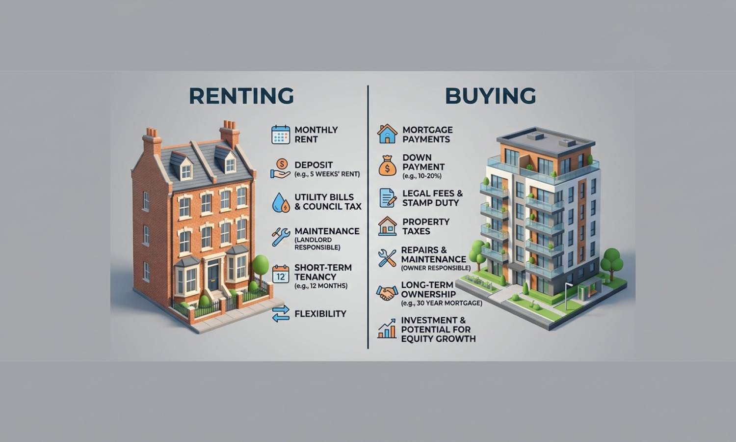 A stylized 3D split-screen illustration showing a classic Victorian townhouse street in Zone 2 London on the left and a modern new build apartment development in Bromley on the right, daytime.