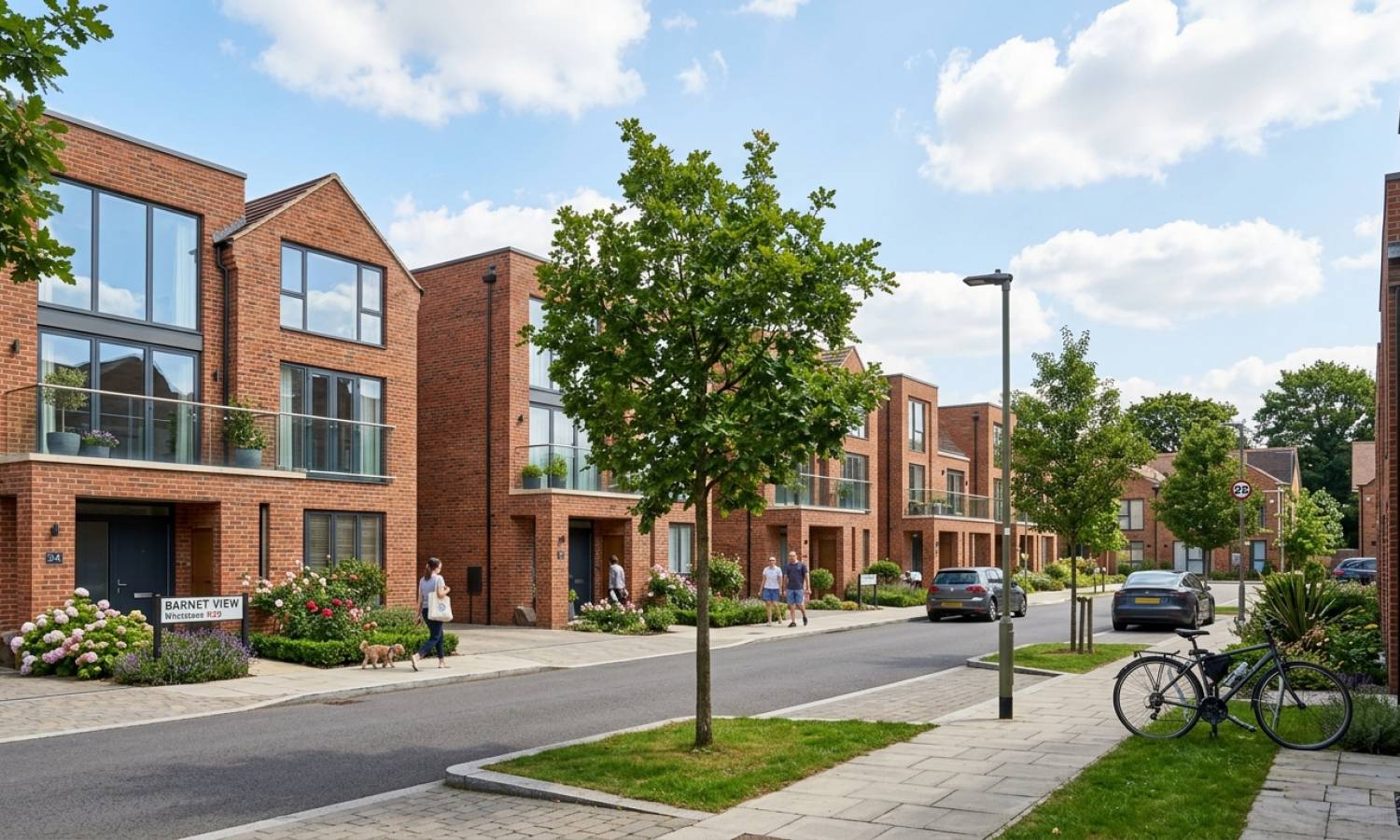 A photorealistic view of modern brick 2-bedroom new build homes in Barnet with green gardens and paved pathways under a clear sky, daytime.