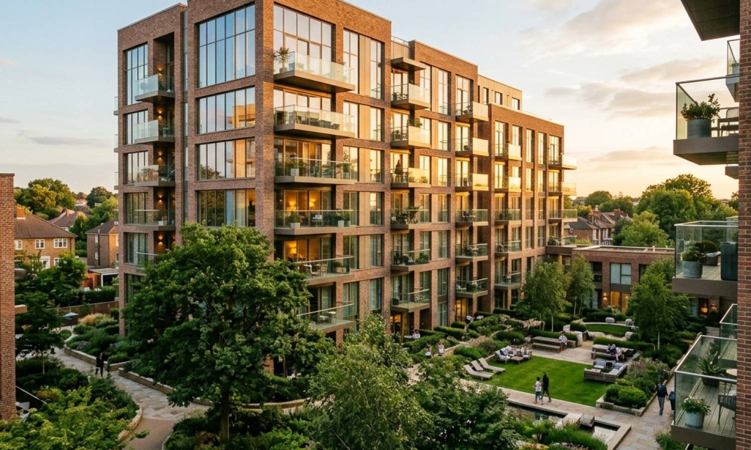 Modern premium new build apartment complexes in London under golden sunlight