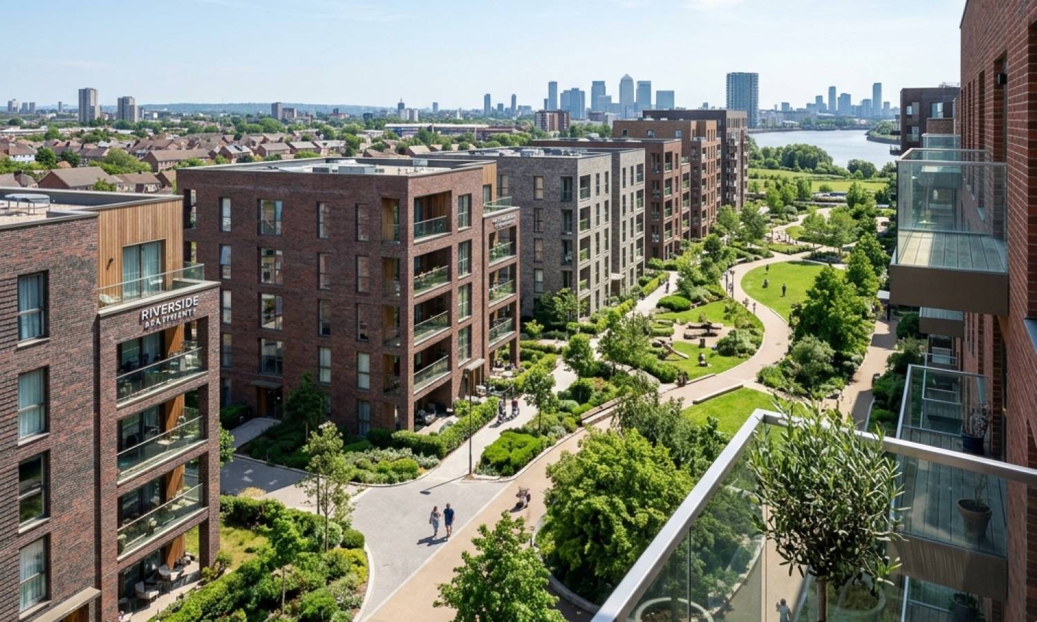 A professional real estate investor analyzing rental yield spreadsheets next to a window overlooking modern new build apartments in Croydon, daytime.