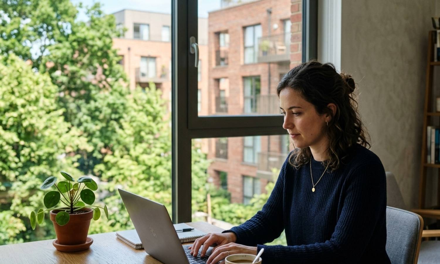 A young professional working on a laptop in a bright, modern Zone 4 London apartment with green suburban views through a large window.