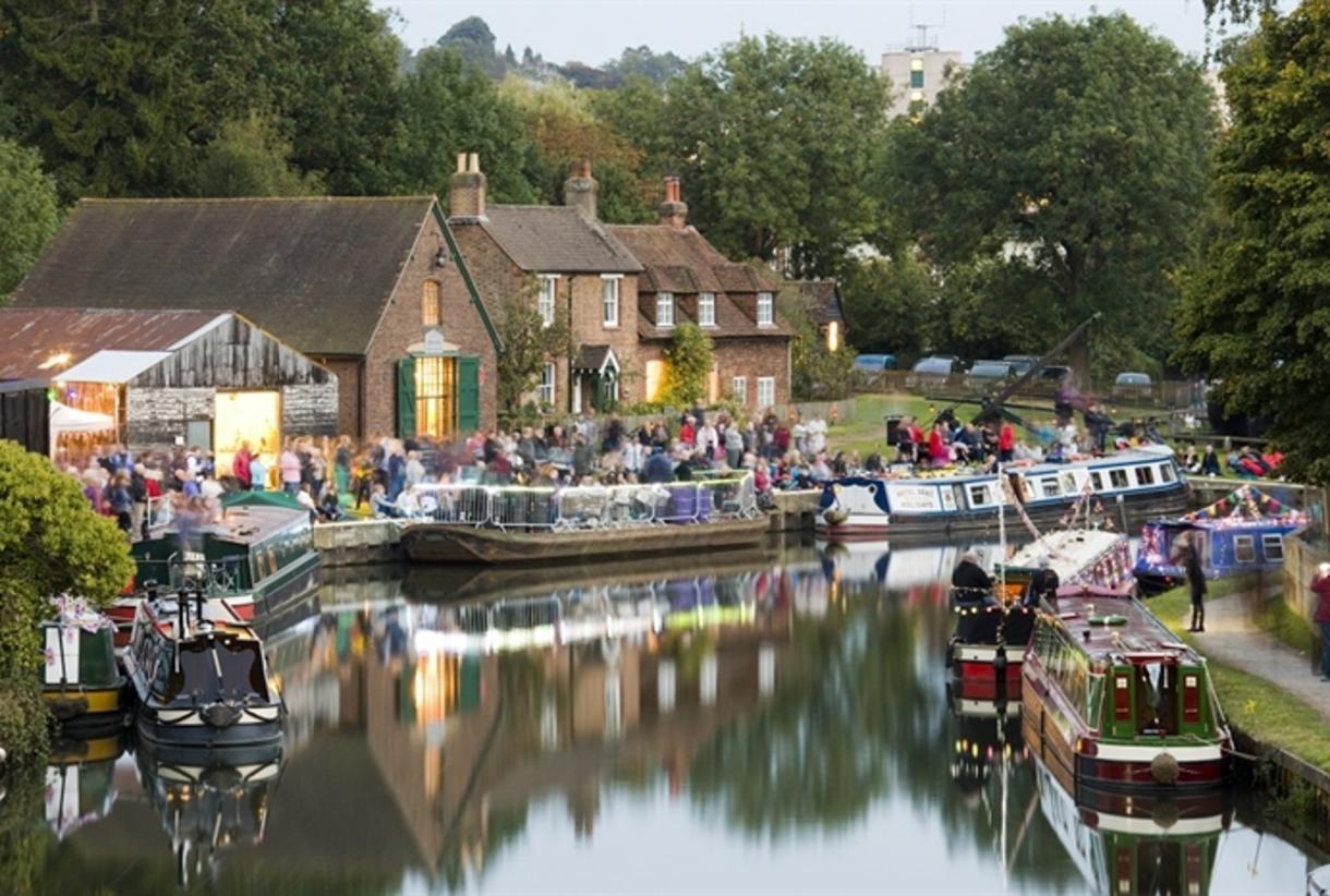 Wey Navigation canal and boats in Surrey