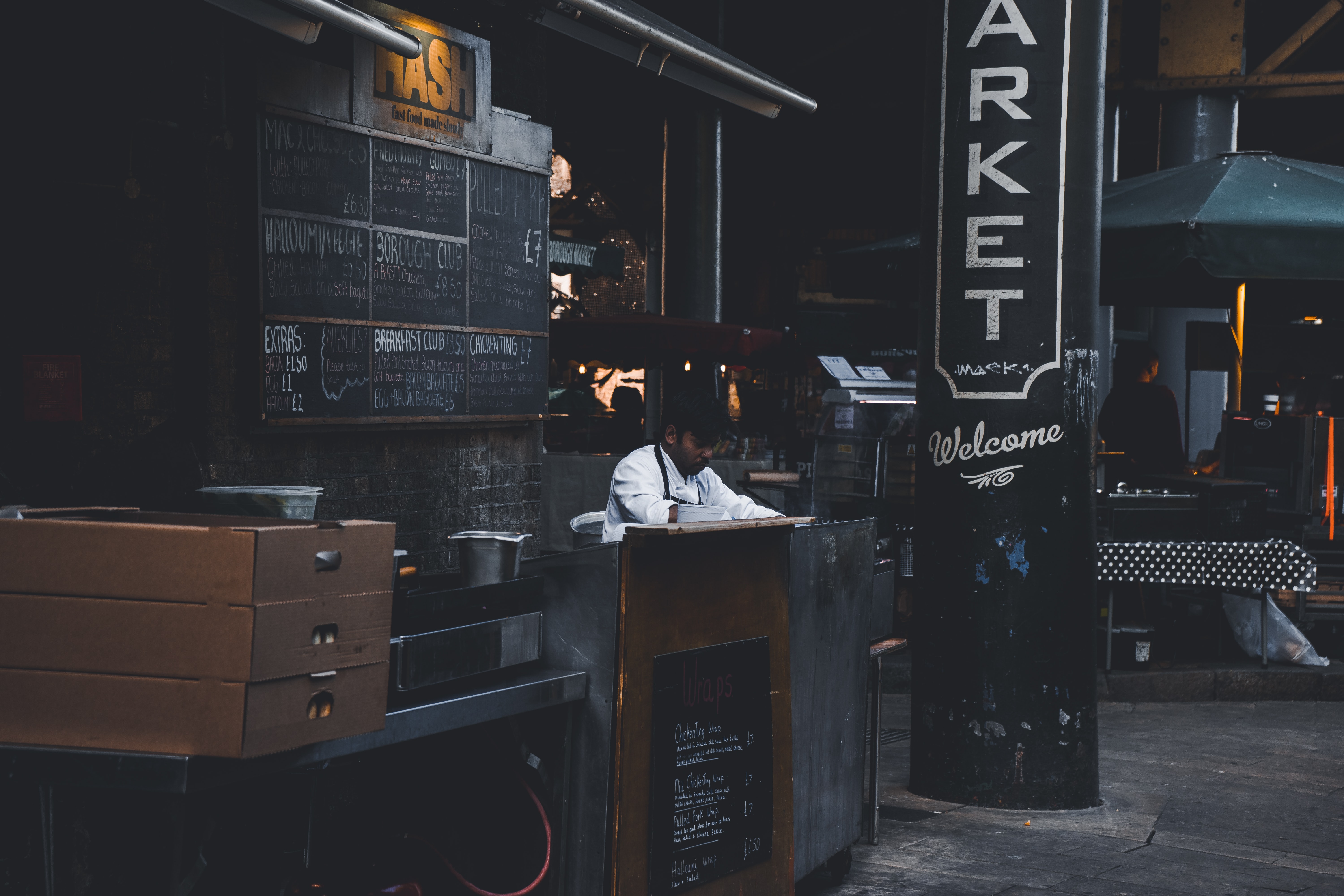 Borough Market stalls and visitors in Southwark